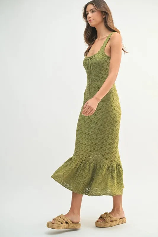 Ruffled Hem Sleeveless Crochet Knit Midi Dress For Women – Crochet Knit Dress, Unique Ruffled Hem Dress, Sleeveless Midi Dress, Summer Midi Dress, Elegant Crochet Dress