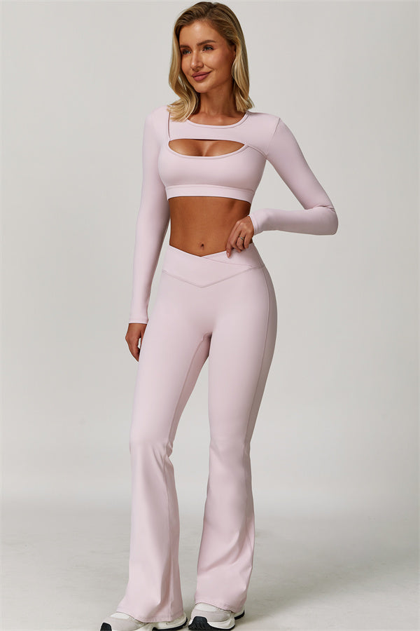The Lavish Long Sleeve Cut-out Crop Top Flared Leggings 2-Piece Set