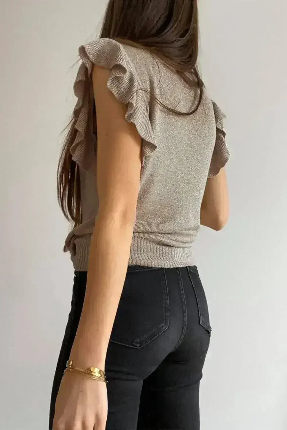Khaki Cascading Ruffles Knit Tank Top