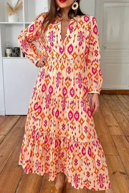 Orange Western Abstract Geometric Printed Maxi Dress