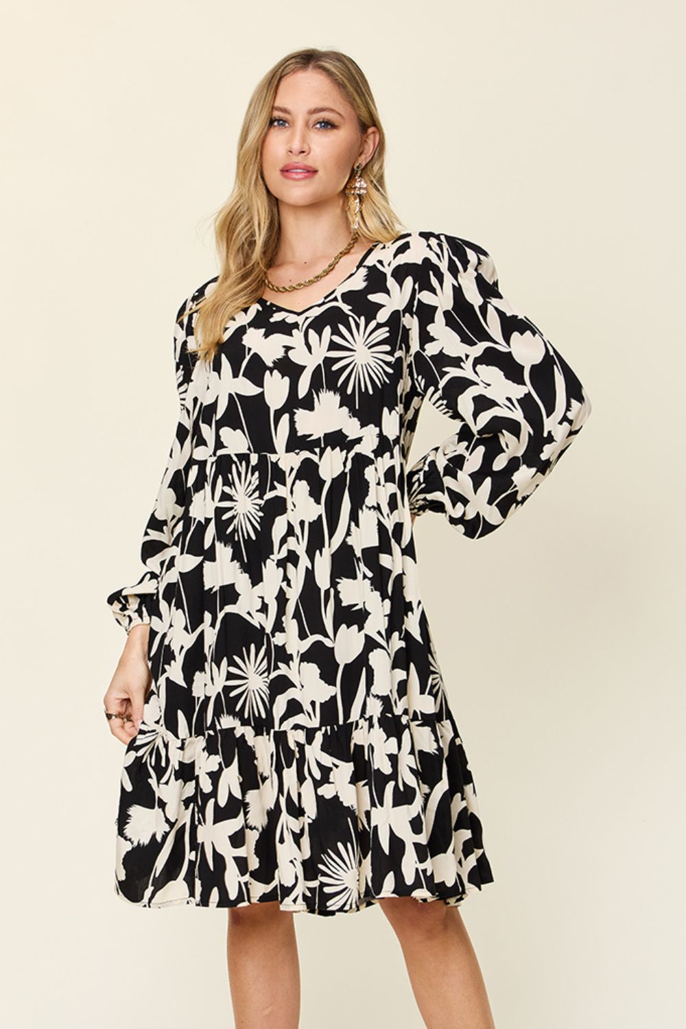 Double Take Full Size Printed Ruffle Hem Dress with Pocket Stylish & Functional Women Dress
