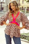 Khaki Leapord Color Block V Neck Balloon Sleeve Blouse | Femstylo