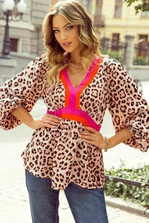 Khaki Leapord Color Block V Neck Balloon Sleeve Blouse | Femstylo