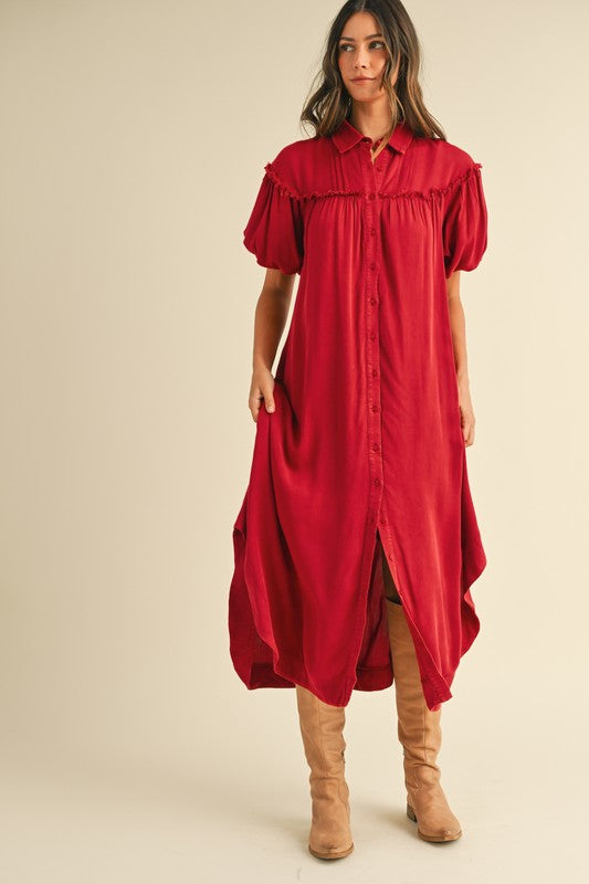 Mineral Washed Button Down Puff Sleeve Shirt Dress – Trendy Button Down Shirt Dress with Puff Sleeves and Unique Mineral Wash Finish for a Chic and Casual Look