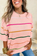 White Striped Half Sleeve Drop Shoulder Sweater