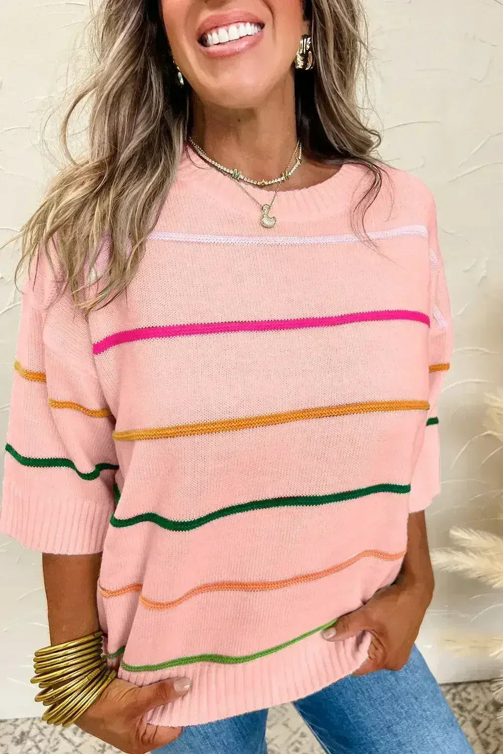 White Striped Half Sleeve Drop Shoulder Sweater
