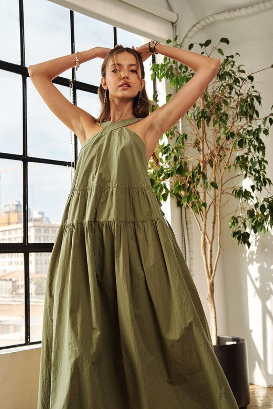 New Summer Crisscross Wide Strap Drawstring Detail Midi Dress For Women – Chic, Sophisticated, Adjustable, Perfect Dress for Casual to Semi-Formal Occasions