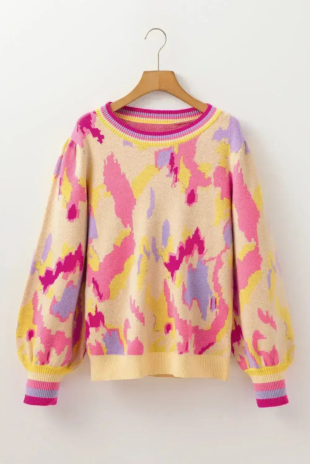 Abstract Balloon Sleeve Sweater - Colorblock Knit | Femstylo