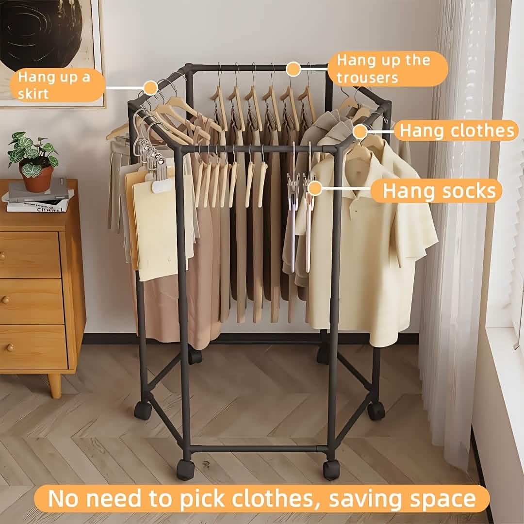 360 Rotating Freestanding Clothing Rack, Hexagonal Carbon Steel Organizer with Wheels