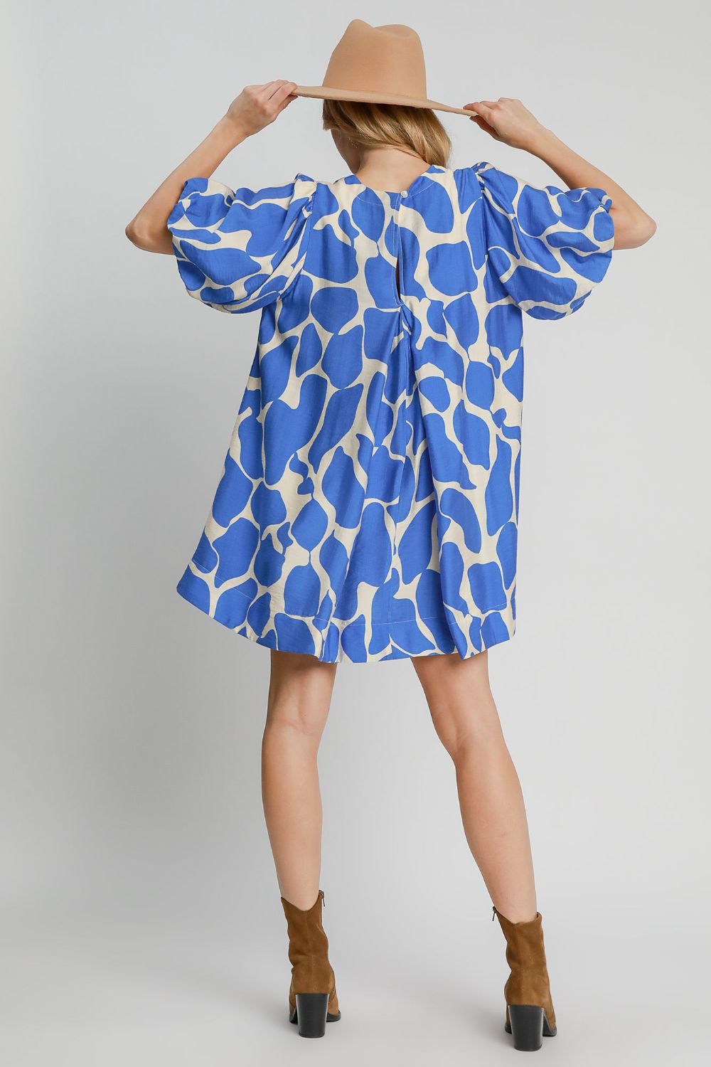 Blue Two Tone Abstract Print Puff Sleeve Dress Trendy Modern Print Dress for Women Summer Dress