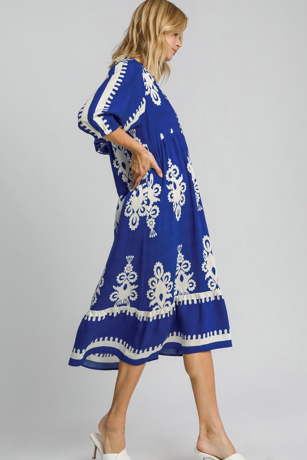 Royal Blue Printed Notched Midi Dress Elegant & Timeless Dress For Every Occasion