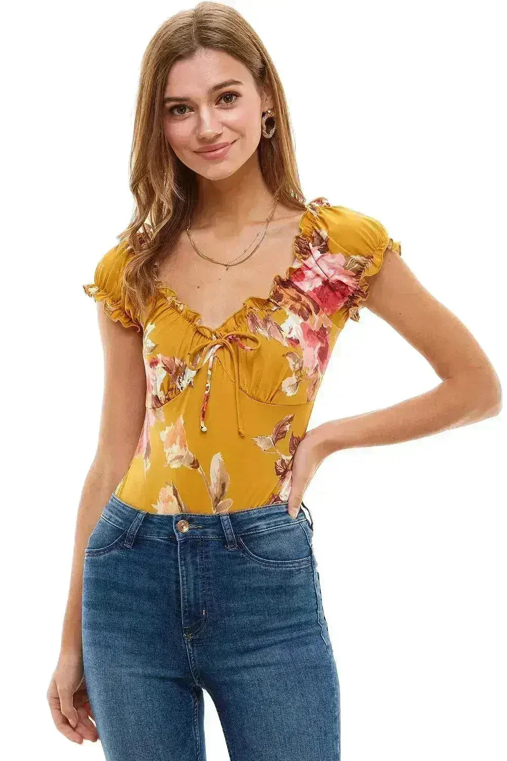Floral Print Peasant Puff Sleeve Bodysuit USA - Femstylo