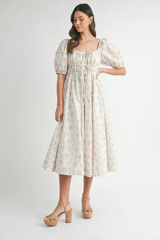 Floral Drawstring Detail Puff Sleeve Midi Dress – Romantic Floral Midi Dress, Ruched Drawstring Dress, Feminine Puff Sleeve Dress, Trendy Garden Party Dress For Summer