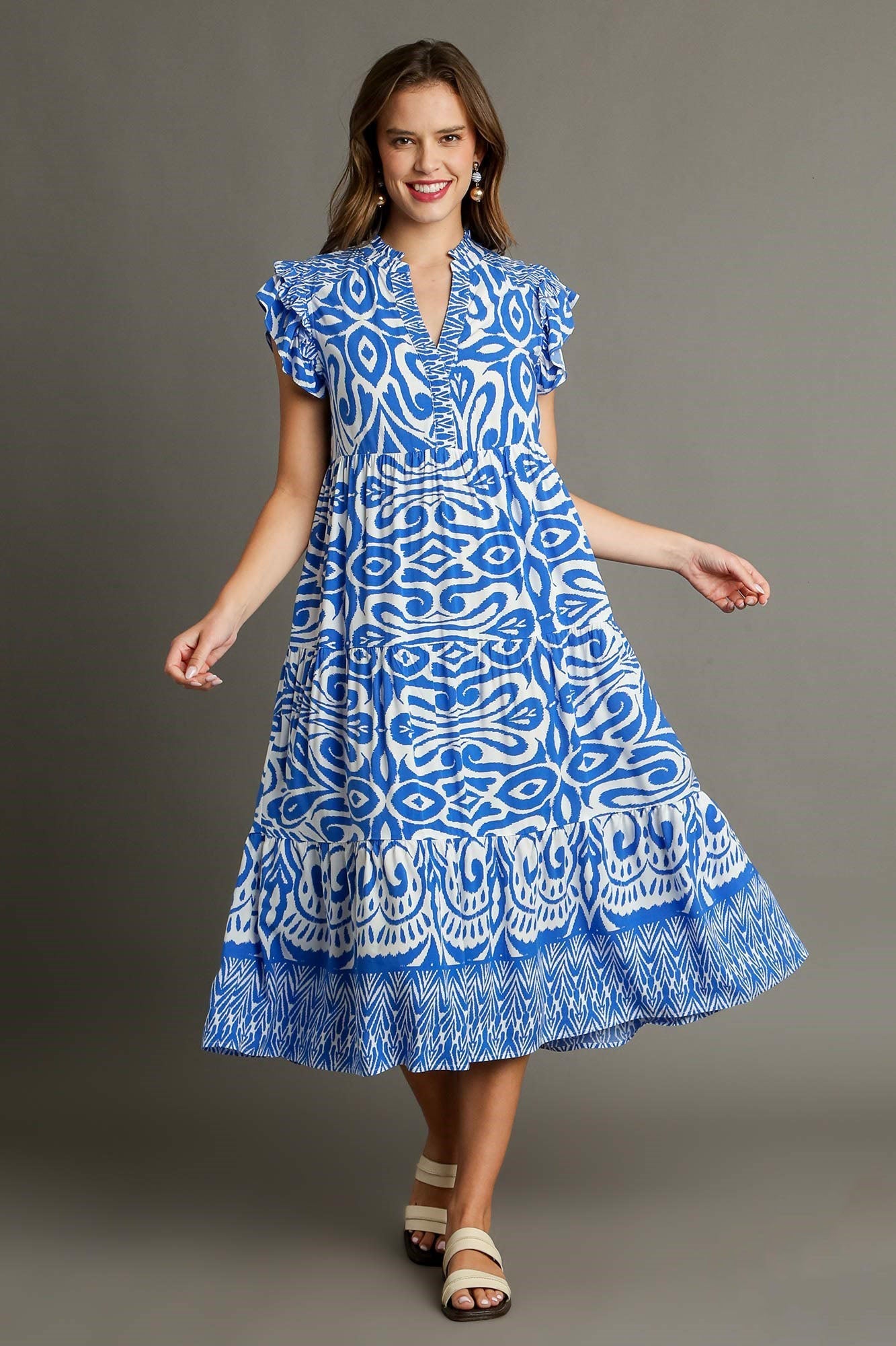 Blue Full Size Two-Tone Print Ruffle Cap Sleeve Midi Dress Plus Size Statement Piece Dress
