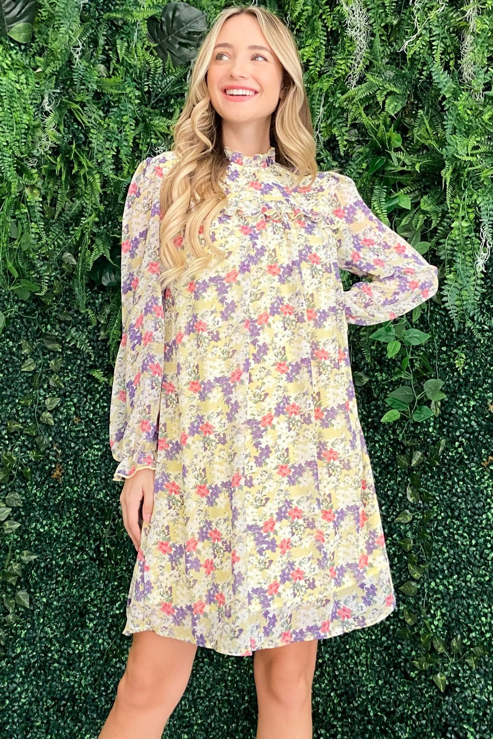Floral Mock Neck Flounce Sleeve Summer Dress – Mock Neck Dress, Flounce Sleeve Dress, Floral Pattern Dress, Elegant Floral Dress, Sophisticated Dress
