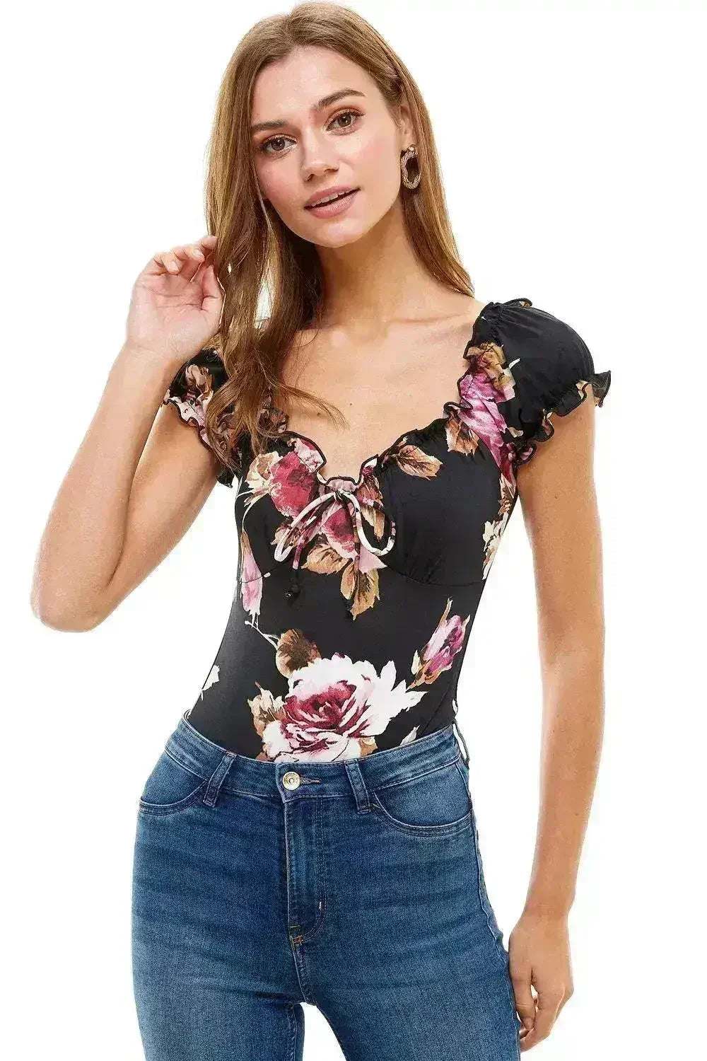 Floral Print Peasant Puff Sleeve Bodysuit USA - Femstylo
