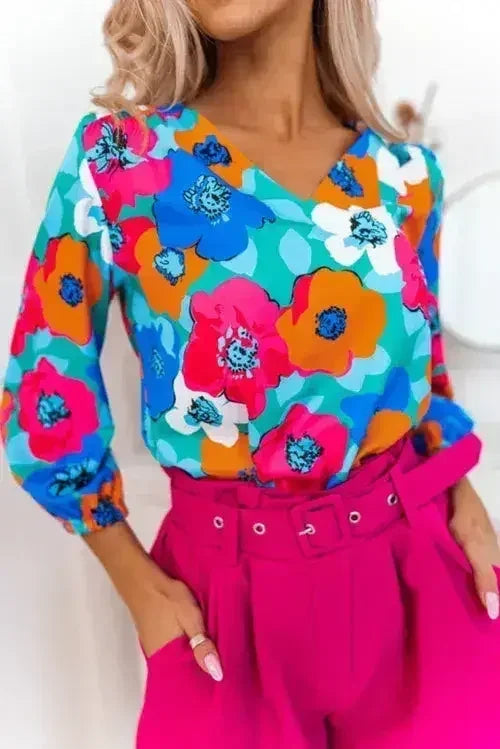 Floral V-Neck Blouse - 3/4 Sleeve Office Wear | Femstylo