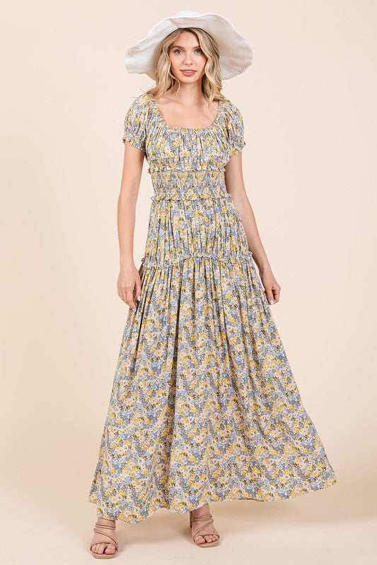 New Summer Flower Print Puff Sleeve Gathered Maxi Dress – Romantic and Feminine Floral Dress with Dramatic Sleeves