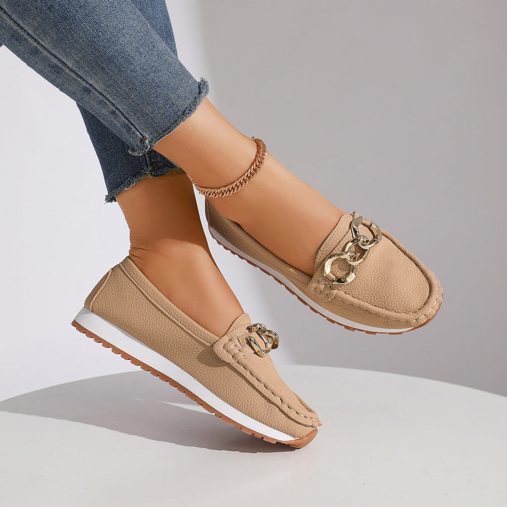 Women's Metal Buckle Slip-On Loafers - Casual Suede Leather Comfort Shoes