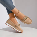 Women's Metal Buckle Slip-On Loafers - Casual Suede Leather Comfort Shoes