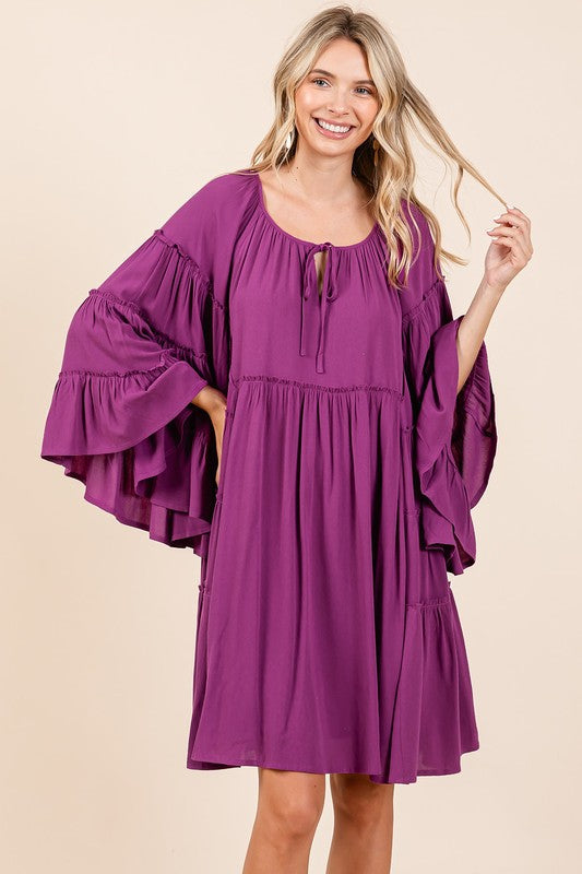 Frill Tie Neck Bell Sleeve Dress For Women – Elegant, Chic and Feminine Dress with Playful Frills and Bell Sleeves
