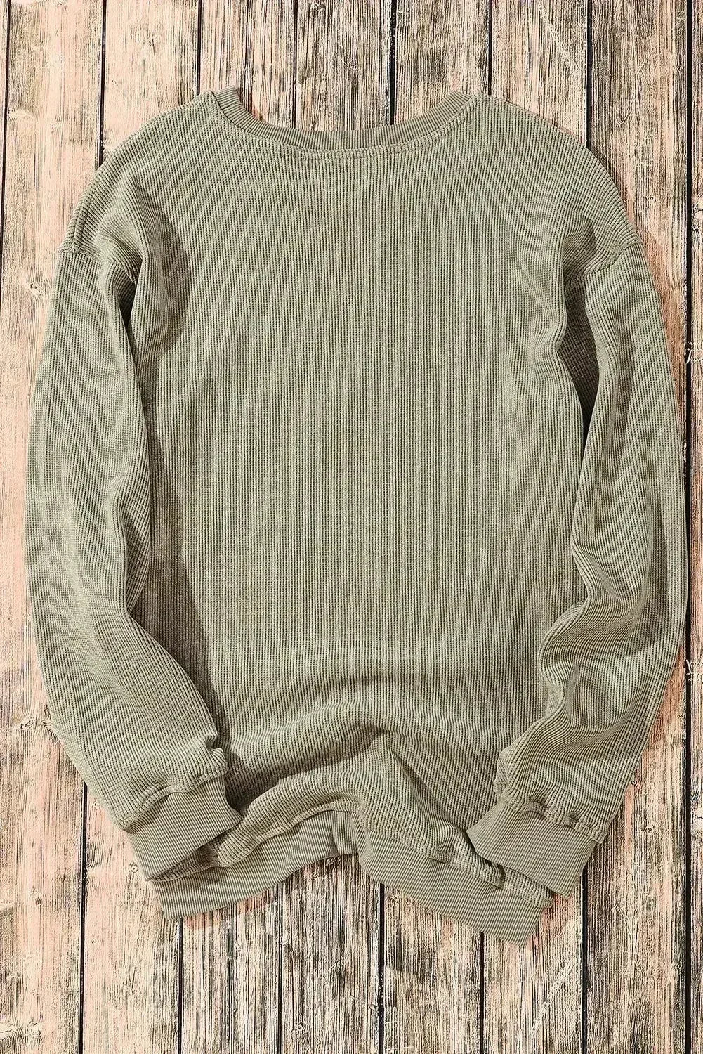Green Ribbed Knit Sweatshirt - Round Neck Pullover | Femstylo