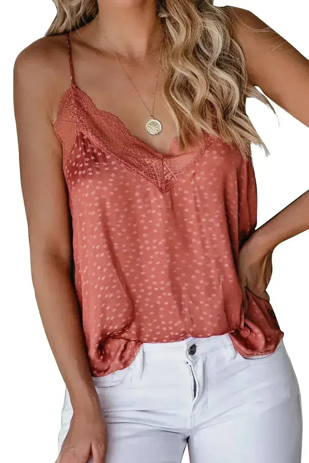 Spaghetti Strap Printed Lace Tank Top