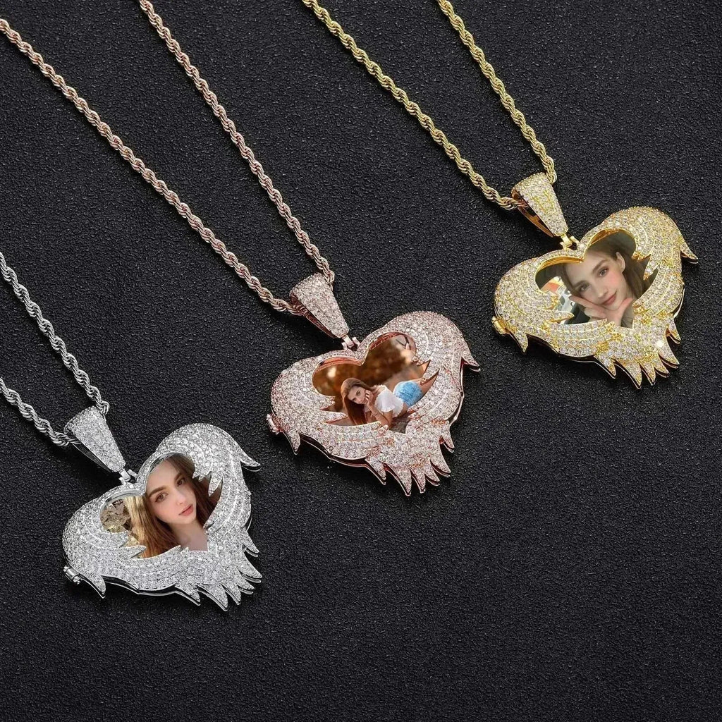 LoveShell™ – Custom Clamshell Heart Photo Pendant | Iced Out Zircon