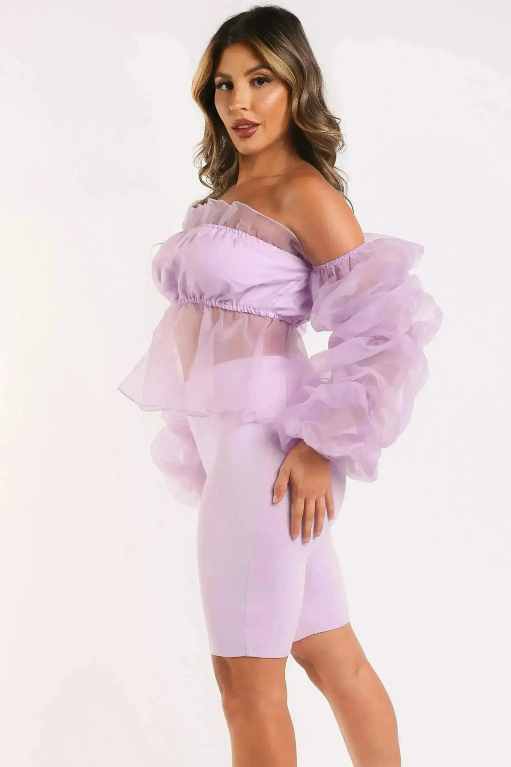Sexy Organza Sleeve Detailed Top & Matching Shorts 2 Piece Set lavndr
