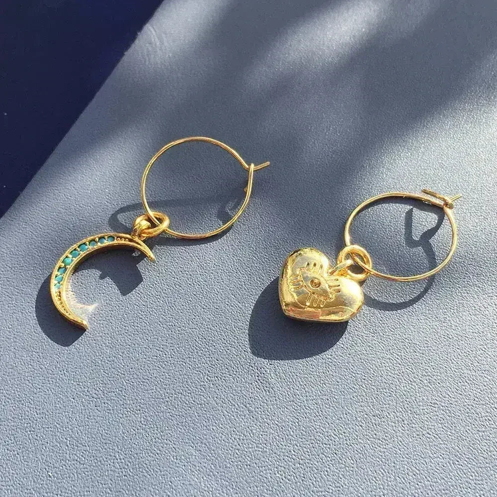 Crystal Moon Earrings | Turquoise Moon & Heart Charm Hoops - Femstylo