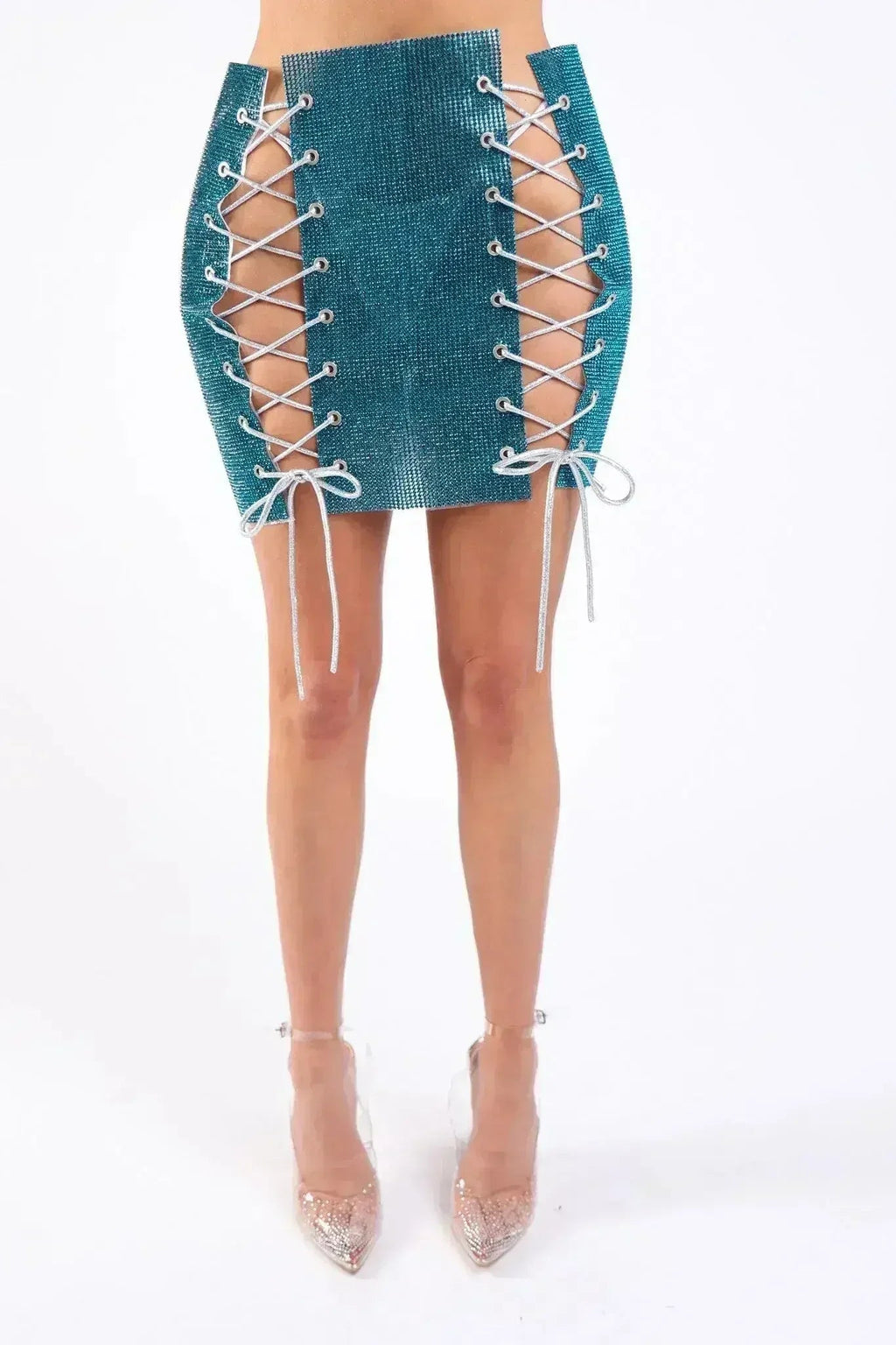 Full Rhinestones 4 Sides Lace Up Party Rave Club Mini Skirt TEAL