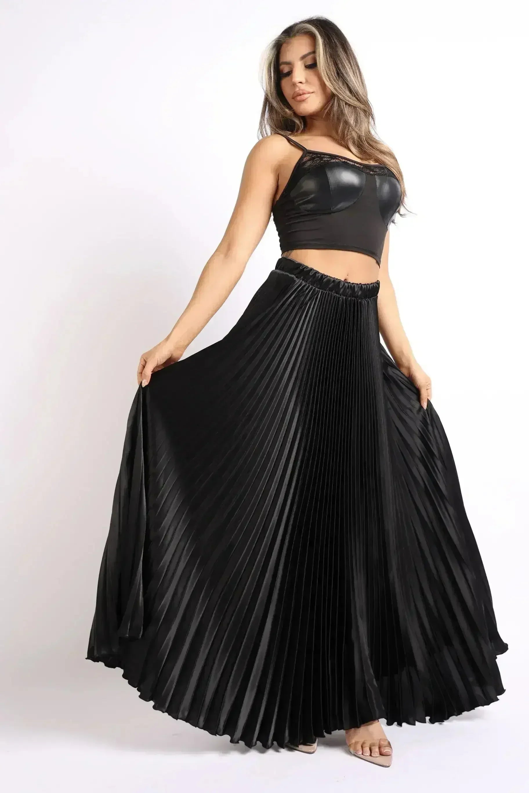 Elastic High Waist A-Line Pleated Satin Maxi Skirt Formal Prom BLACK