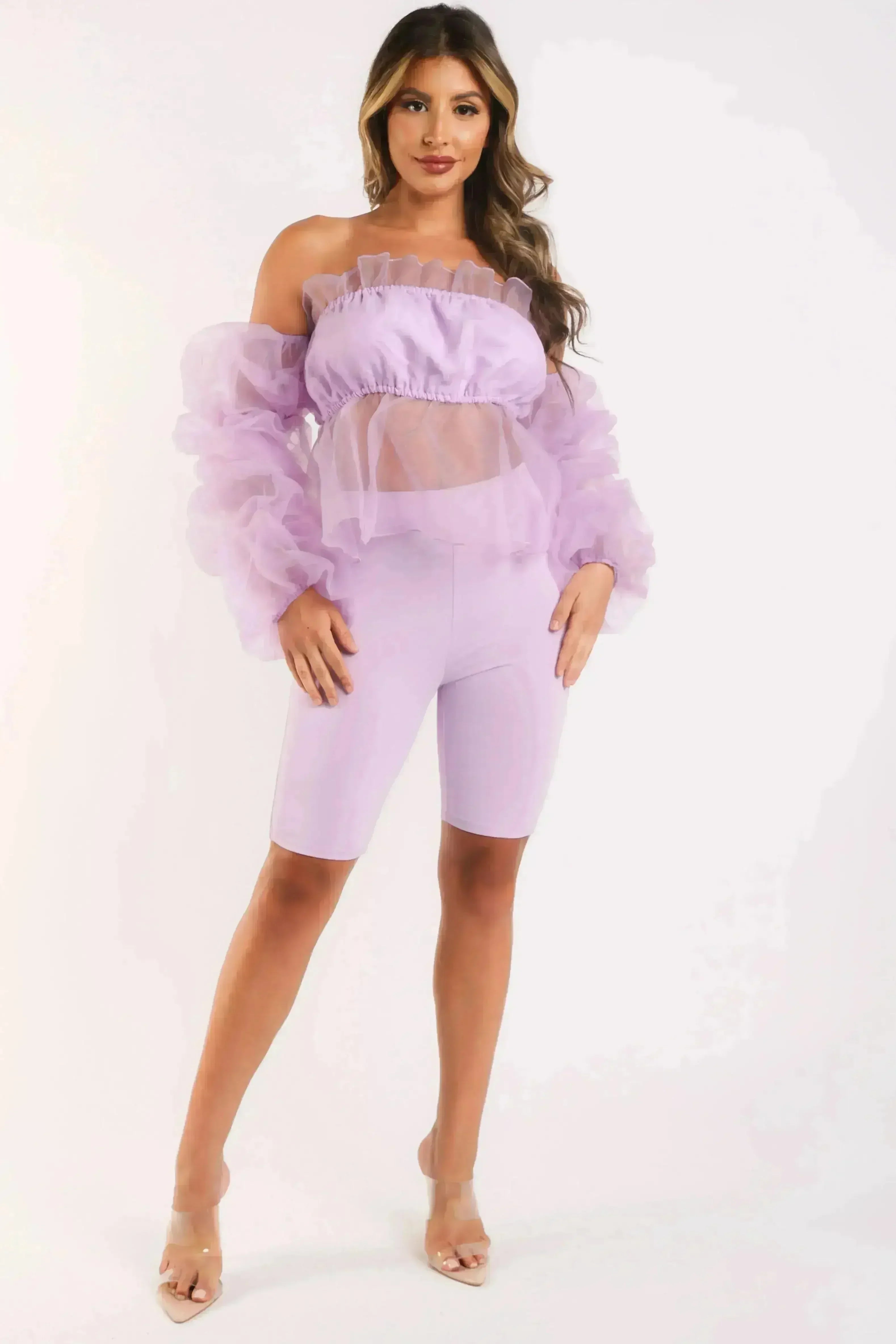 Sexy Organza Sleeve Detailed Top & Matching Shorts 2 Piece Set lavndr