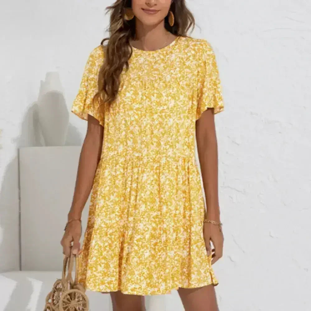 Floral A-Line Dress with Ruffle Sleeves - Spring Cotton Dress
