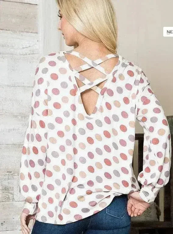 White POlka Dot Knit Criss Cross Top Back