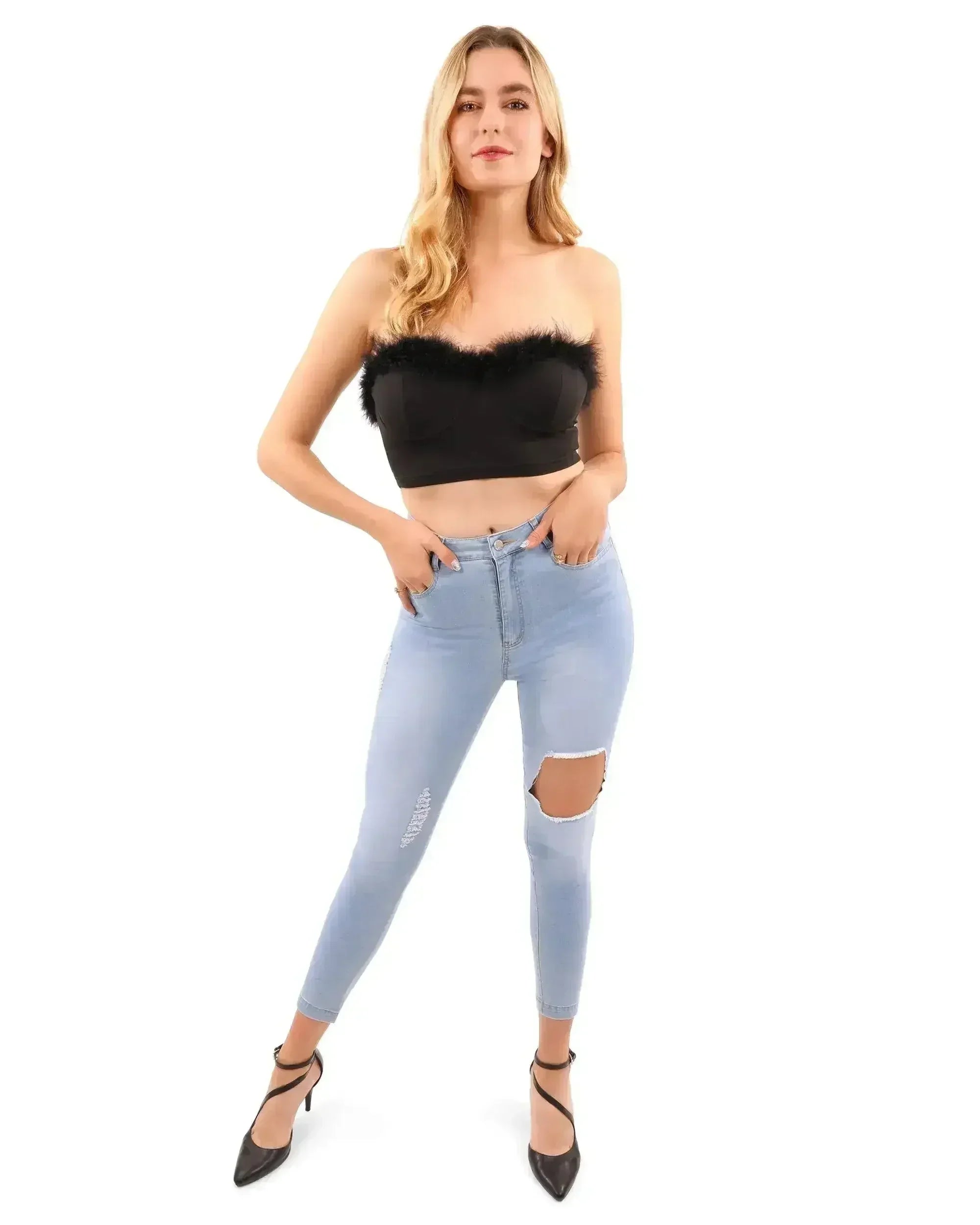 Fur Trim Crop Top | Sexy Black Top | Hook & Eye Back