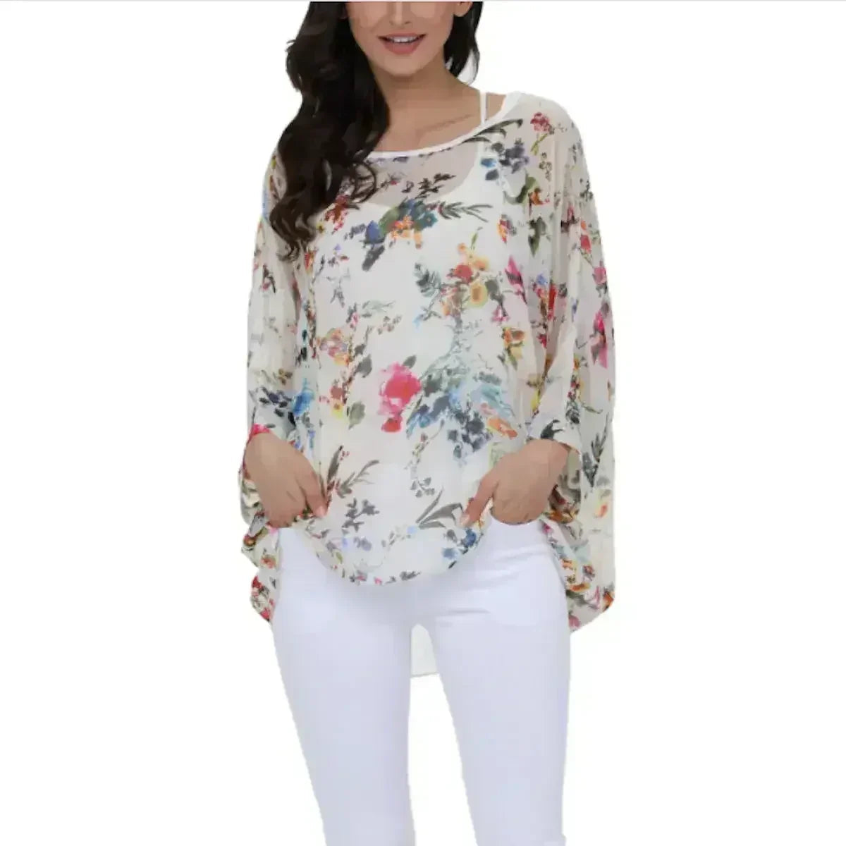 White Floral Chiffon Tunic Top - Summer Cover-Up | Femstylo