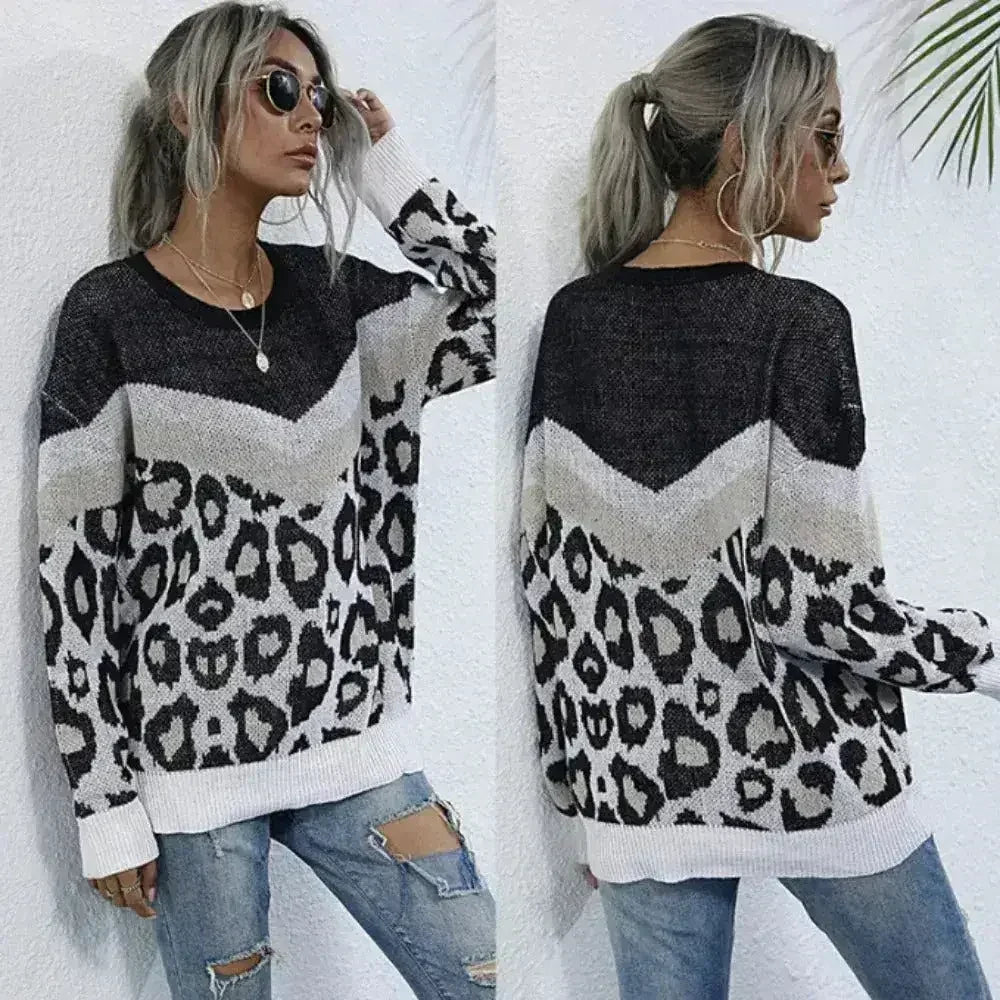 Leopard Print Sweater – Gray Acrylic Knit | Sizes S-L