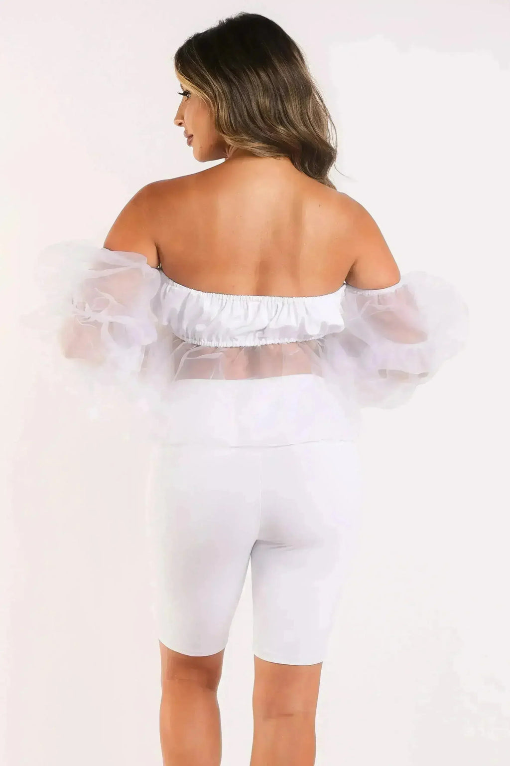 Sexy Organza Sleeve Detailed Top & Matching Shorts 2 Piece Set White