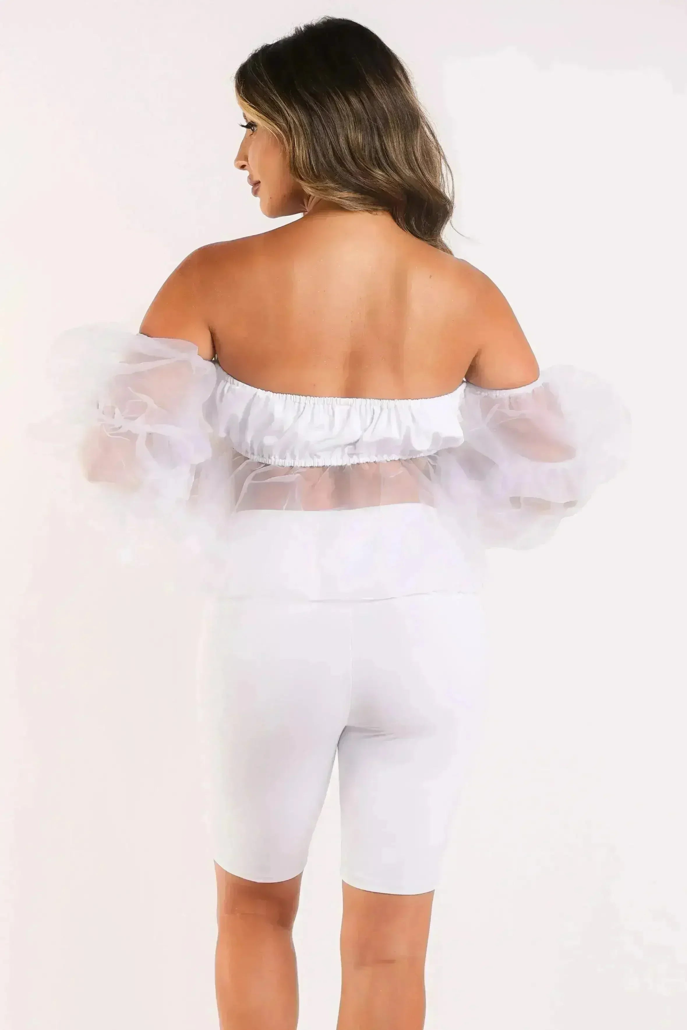 Sexy Organza Sleeve Detailed Top & Matching Shorts 2 Piece Set White