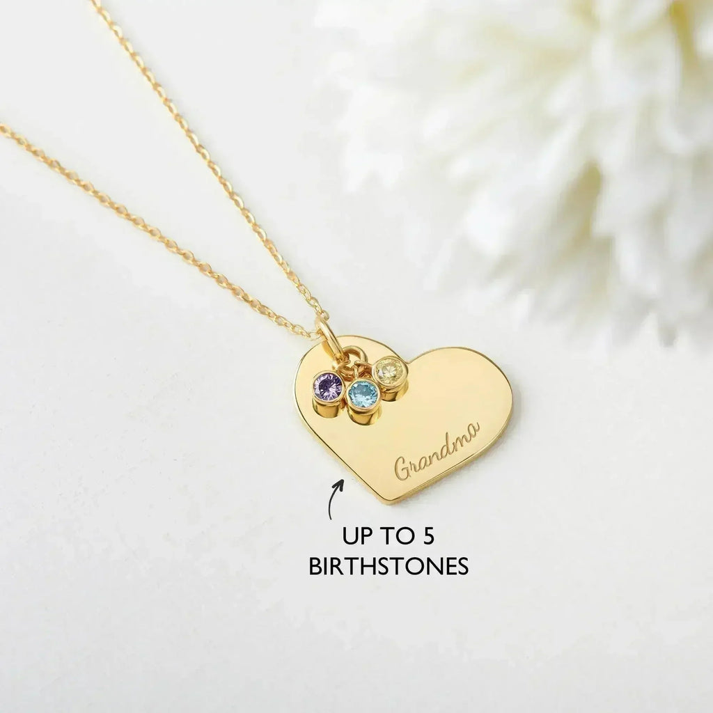 Family Birthstone Necklace, Grandma Gift Birthstone, Heart Necklace