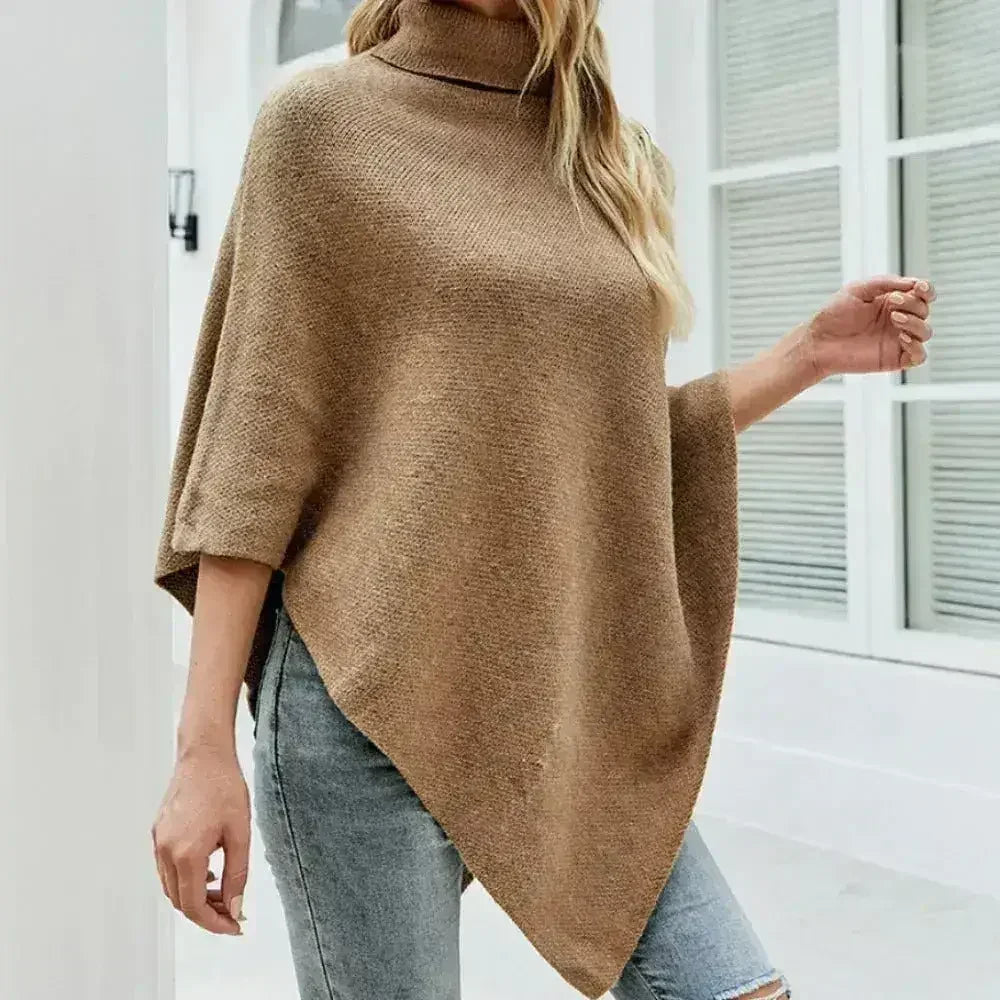 Turtleneck Poncho – Khaki Acrylic Winter Wrap | One Size