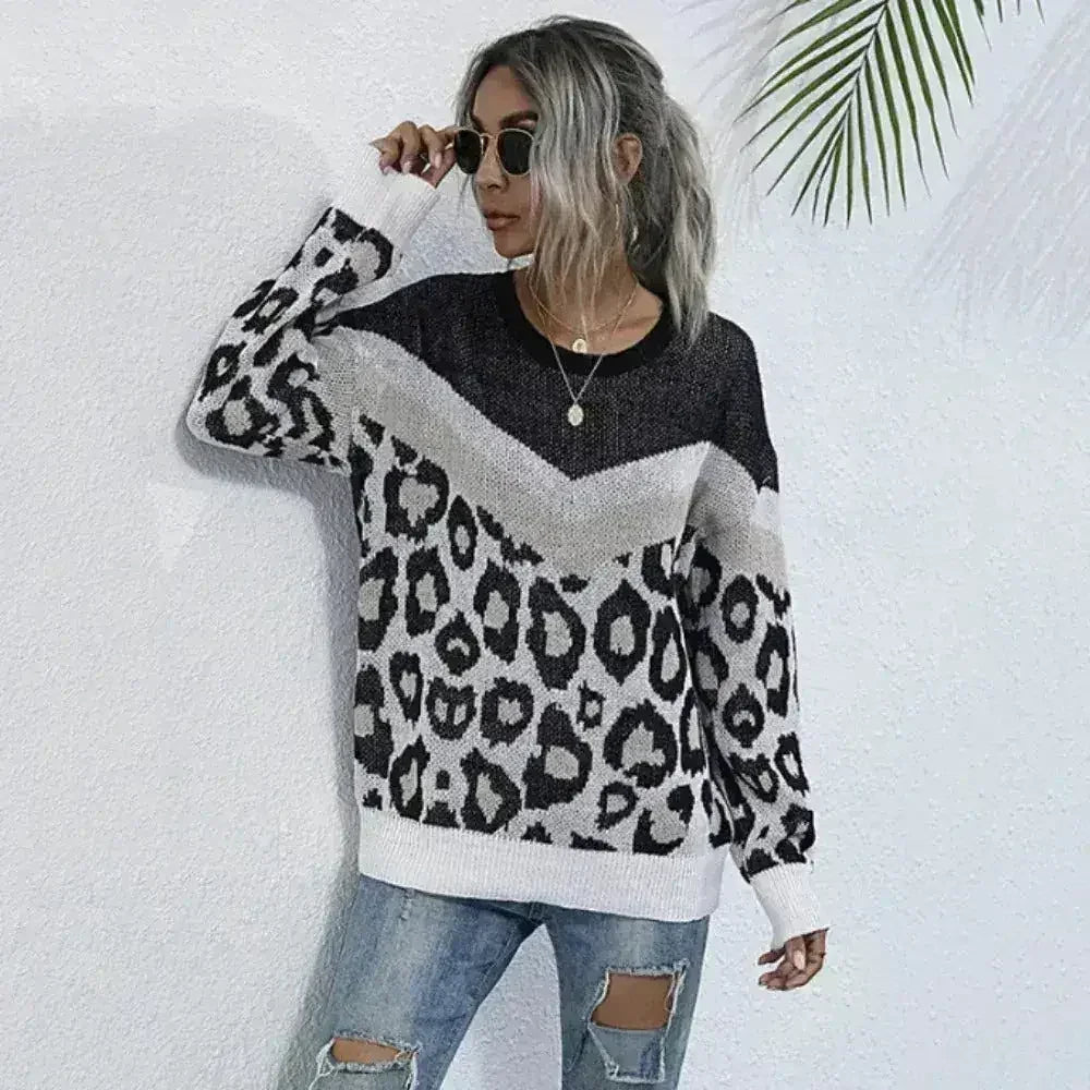 Leopard Print Sweater – Gray Acrylic Knit | Sizes S-L