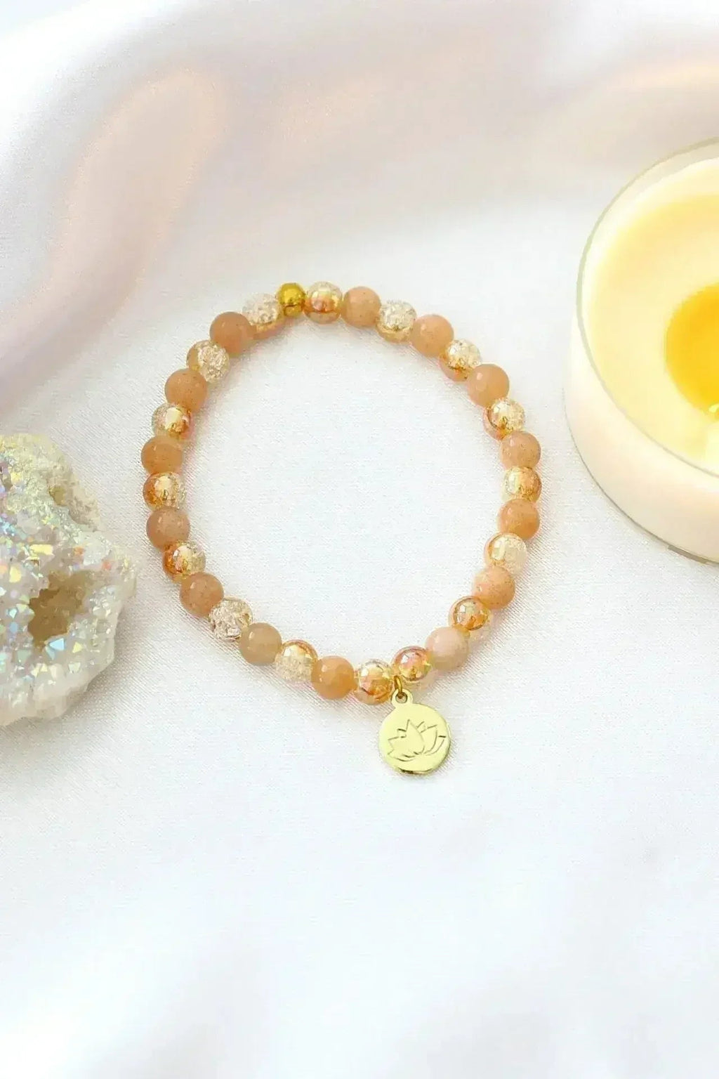 Sunstone Elastic Bracelet | 24K Lotus Flower Charm