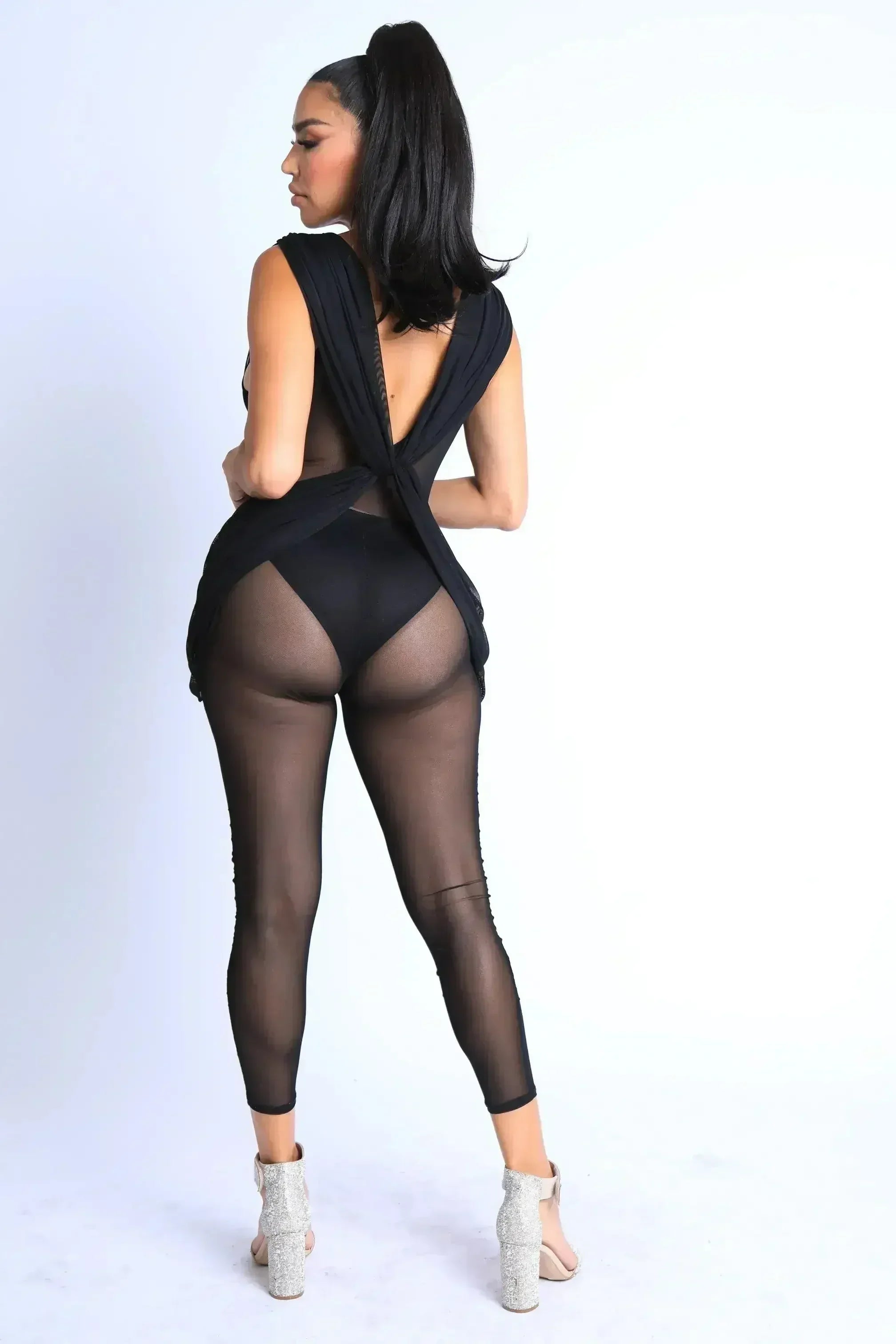 Sexy Sleeveless Lightweight Draped Mesh Jumpsuit Party Clubwear BLACK