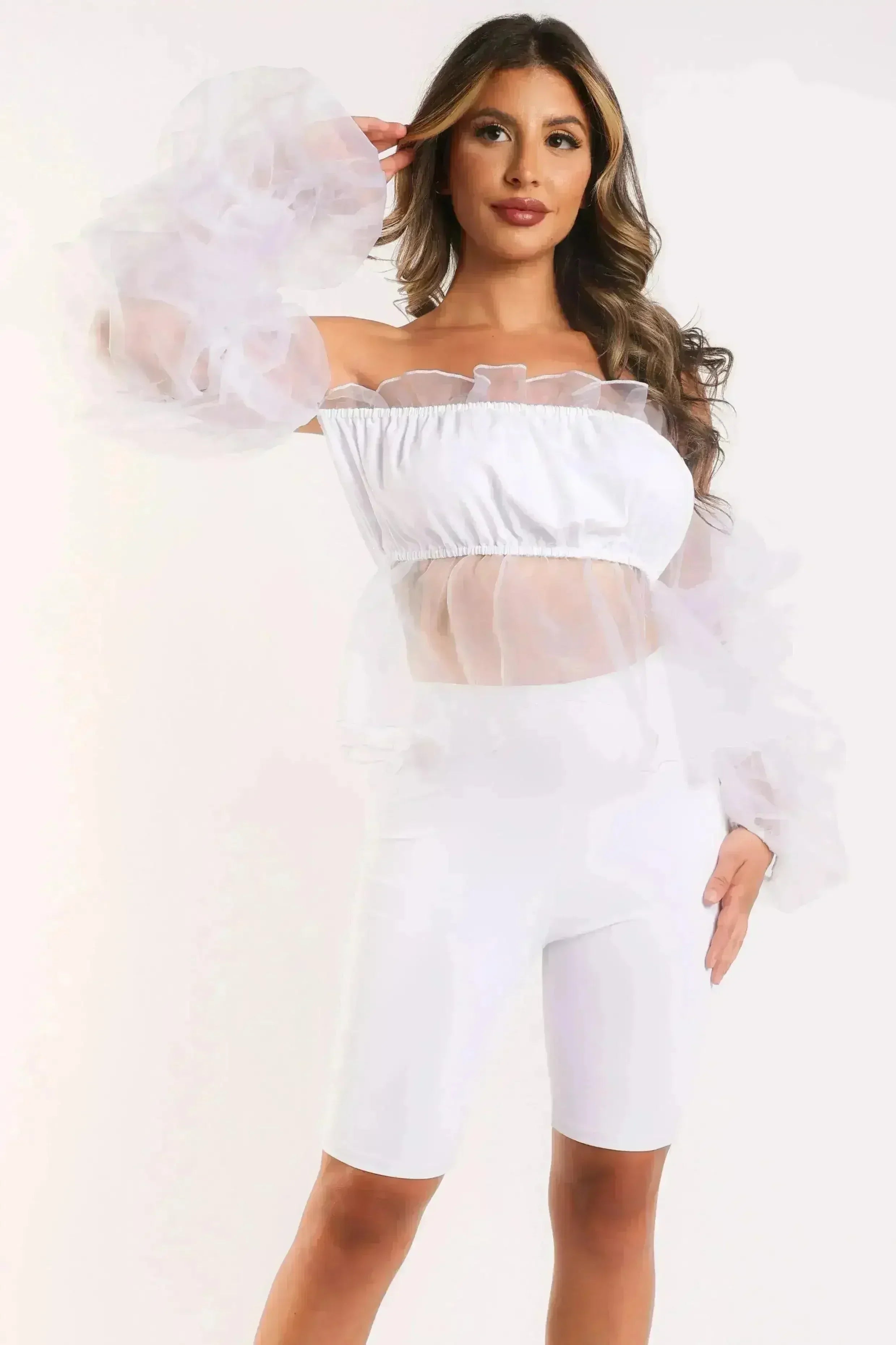 Sexy Organza Sleeve Detailed Top & Matching Shorts 2 Piece Set White