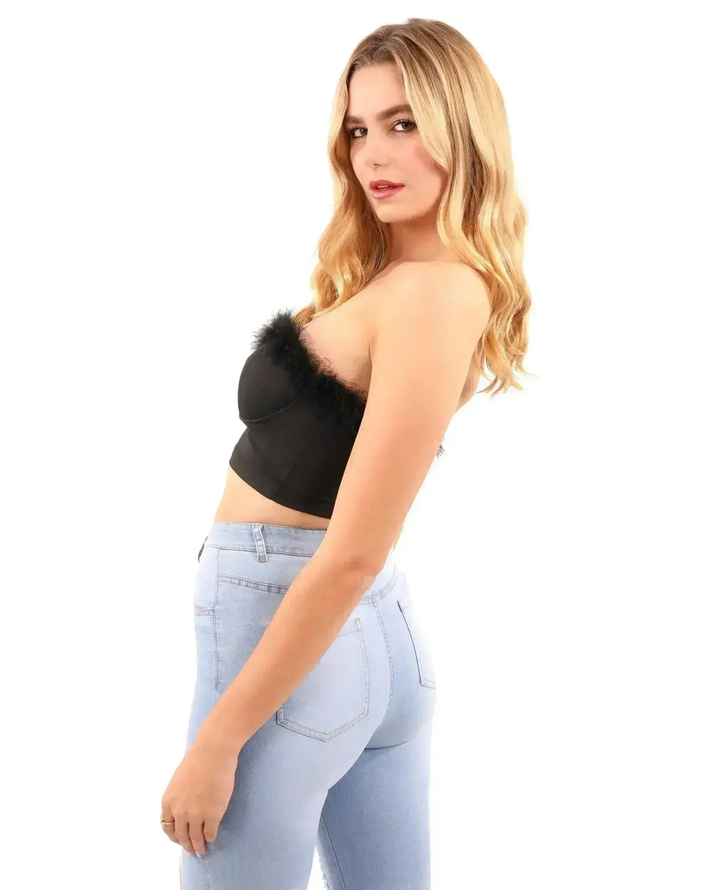 Fur Trim Crop Top | Sexy Black Top | Hook & Eye Back