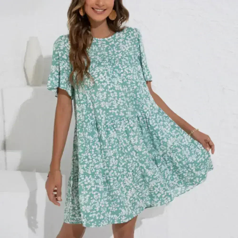 Floral A-Line Dress with Ruffle Sleeves - Spring Cotton Dress