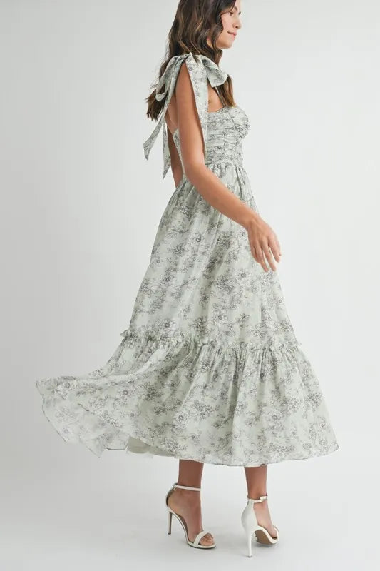 Floral Bust Ruched Midi Dress with Shoulder Tie For Women – Ruched Midi Dress For Summer, Floral Bust Dress, Shoulder Tie Dress, Feminine Midi Dress, Chic Event Dress