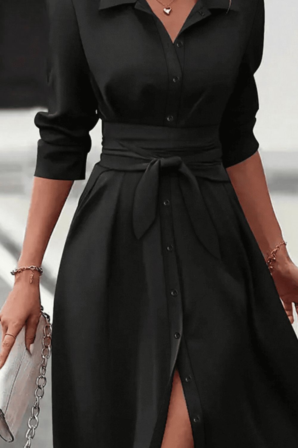 Elegant Black Collared Neck Long Sleeve Midi Shirt Dress Tied and Buttoned Women’s Dress